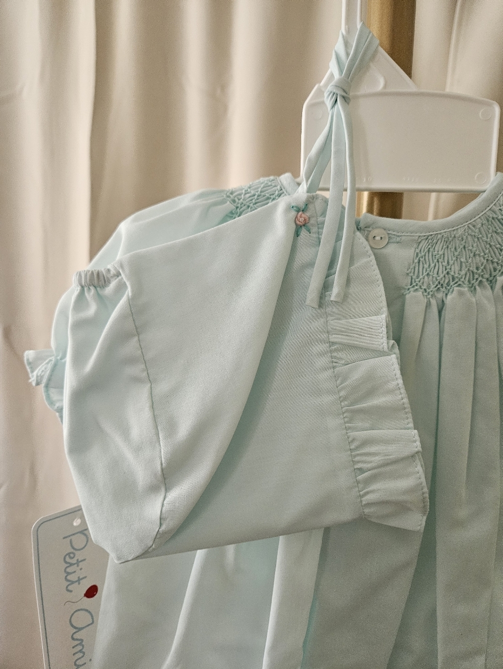 Petit Ami Mint Green Smocked Heirloom Day Gown Set NB–3M | Hand Embroidery + Bon - Picture 6 of 6